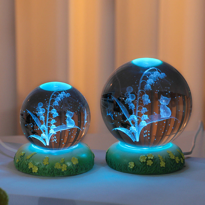 Sfera di cristallo 3D con fiore scolpito all'interno della lampada notturna a sfera di vetro