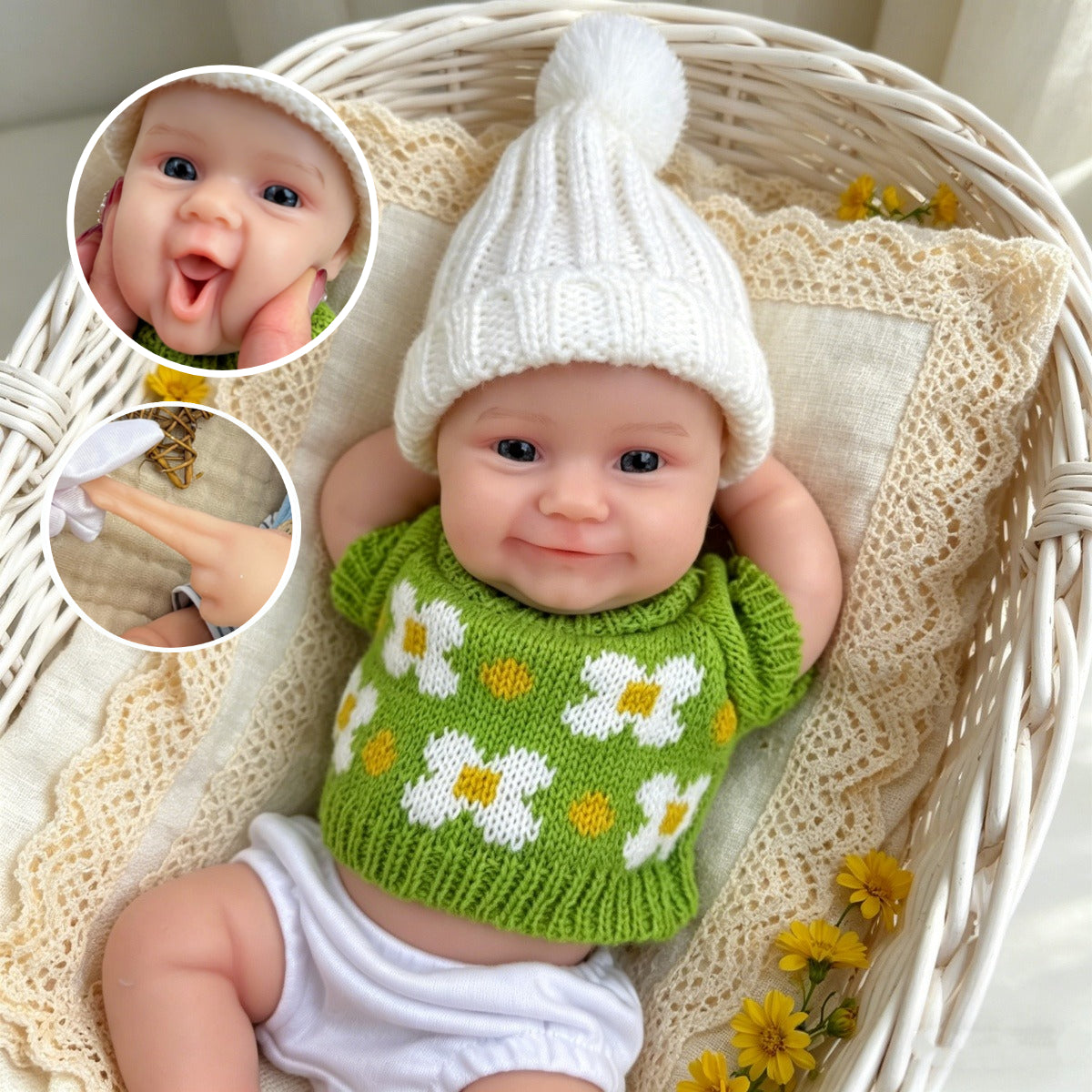 Bambola reborn Maddie Smile da 30 cm interamente in silicone con vestitino verde