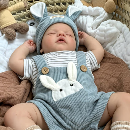 Bambola reborn Sam da 19 pollici con occhi chiusi vestita da coniglio blu