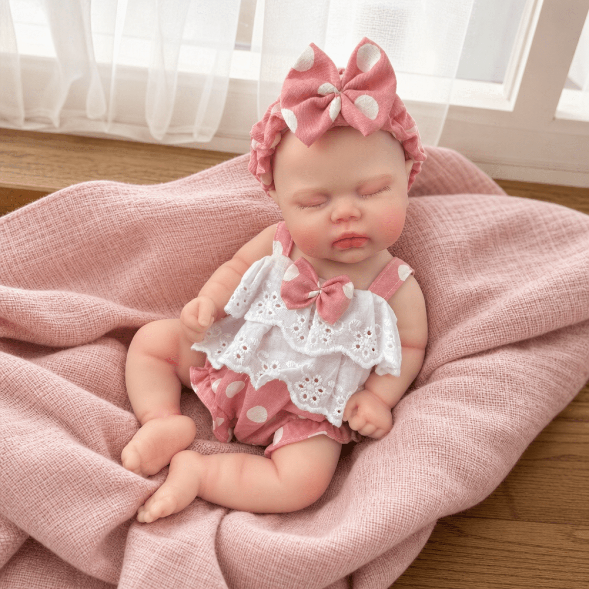 Bambola reborn realistica in morbido silicone alta 30cm con vestitino a pois rosa