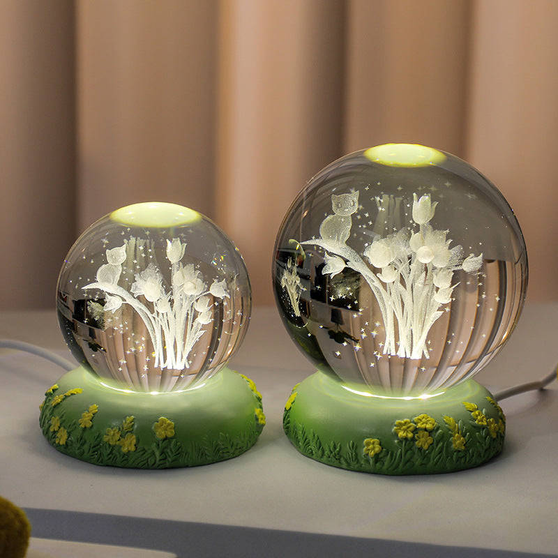 Sfera di cristallo 3D con fiore scolpito all'interno della lampada notturna a sfera di vetro