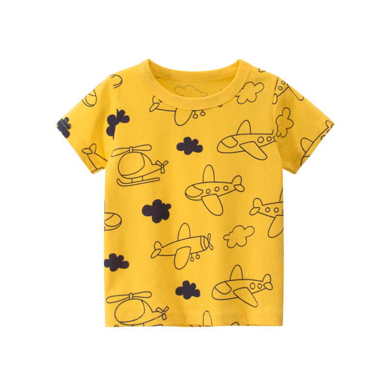 T-shirt girocollo a maniche corte con motivo nuvola gialla e aeroplano