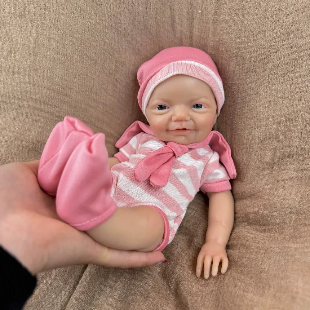 30cm Lifelike Smile Full Silicone Blue Eyes Charlie Reborn Girl in Pink Stripe Clothes