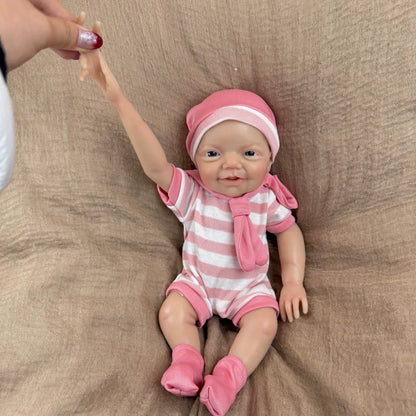 30cm Lifelike Smile Full Silicone Blue Eyes Charlie Reborn Girl in Pink Stripe Clothes