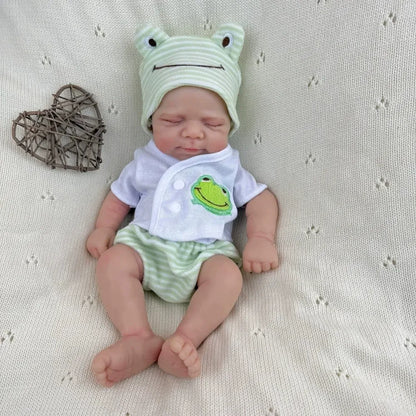 30cm Full Silicone Closed Eyes Pascale Reborn Doll Girl In Green Frog Clothes