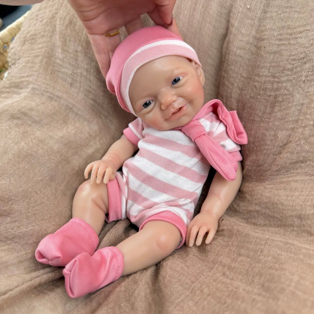 30cm Lifelike Smile Full Silicone Blue Eyes Charlie Reborn Girl in Pink Stripe Clothes