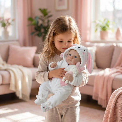 Bambina reborn da 45cm con occhi azzurri e vestitino da coniglietto bianco - Bettie