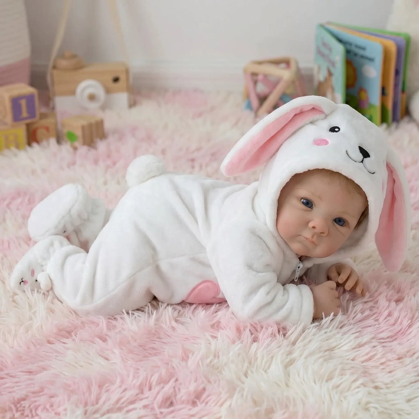 Bambina reborn da 45cm con occhi azzurri e vestitino da coniglietto bianco - Bettie