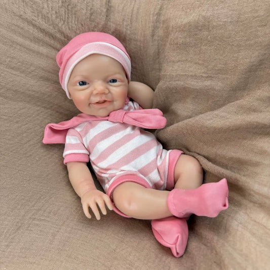 30cm Lifelike Smile Full Silicone Blue Eyes Charlie Reborn Girl in Pink Stripe Clothes