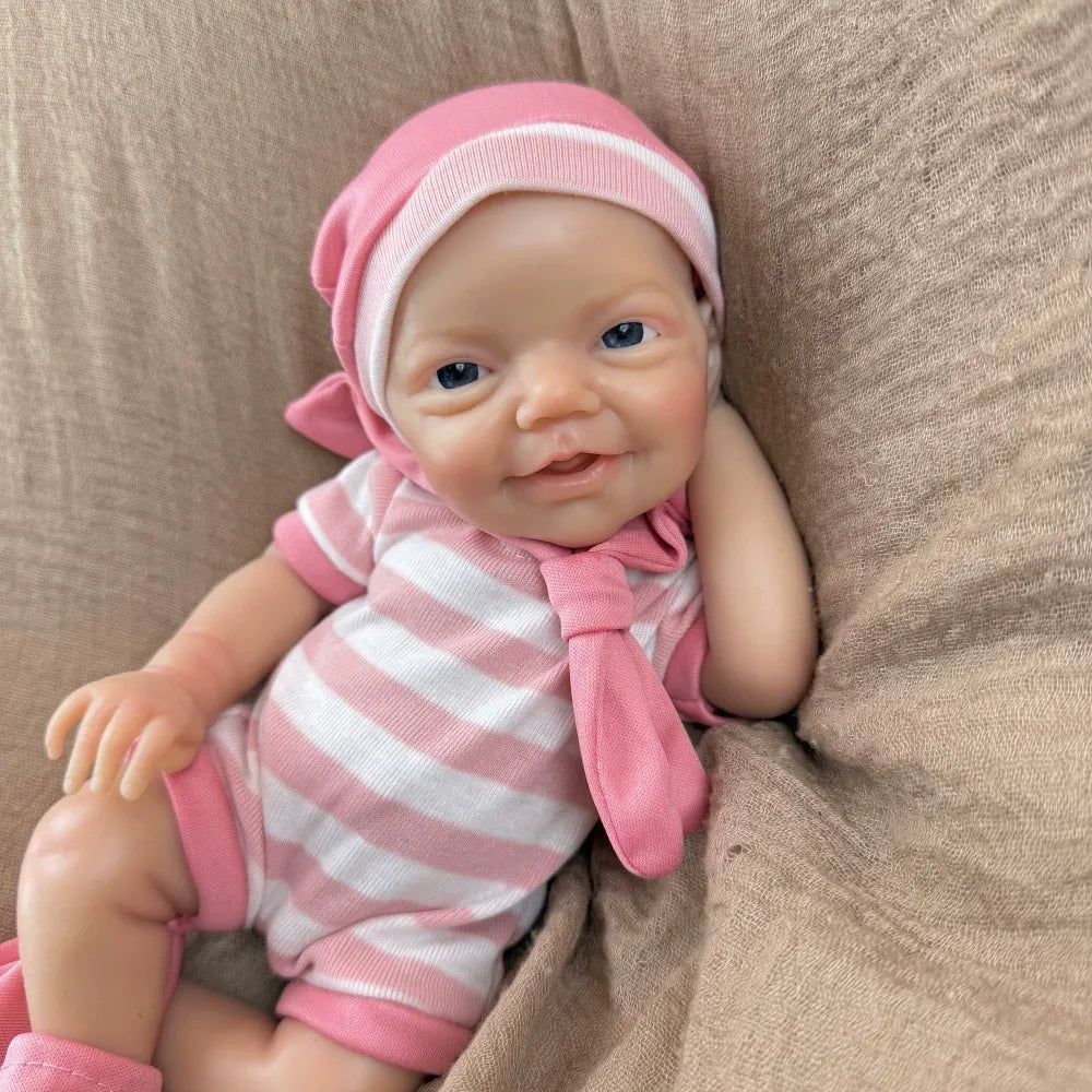 30cm Lifelike Smile Full Silicone Blue Eyes Charlie Reborn Girl in Pink Stripe Clothes