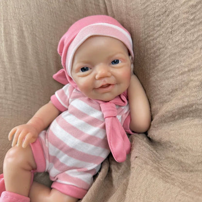 30cm Lifelike Smile Full Silicone Blue Eyes Charlie Reborn Girl in Pink Stripe Clothes