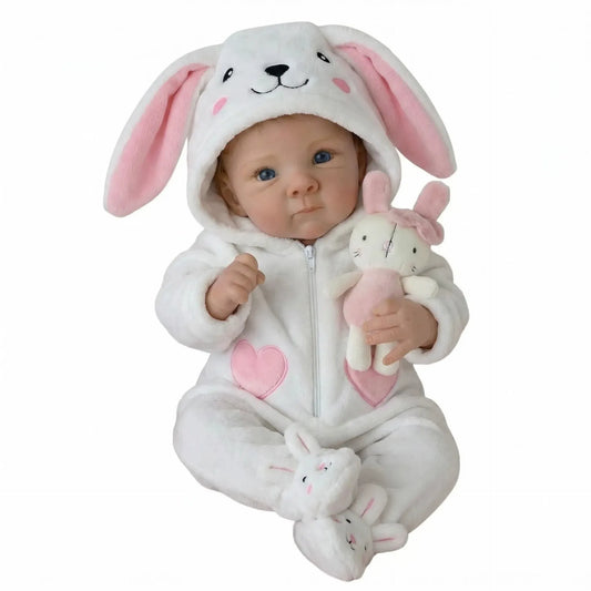 Bambina reborn da 45cm con occhi azzurri e vestitino da coniglietto bianco - Bettie