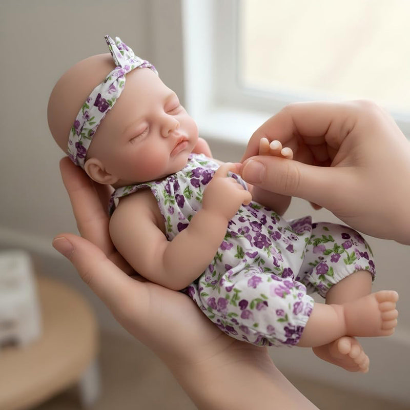 Bambola reborn Irys da 30cm interamente in silicone con tutina floreale viola