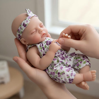 Bambola reborn Irys da 30cm interamente in silicone con tutina floreale viola