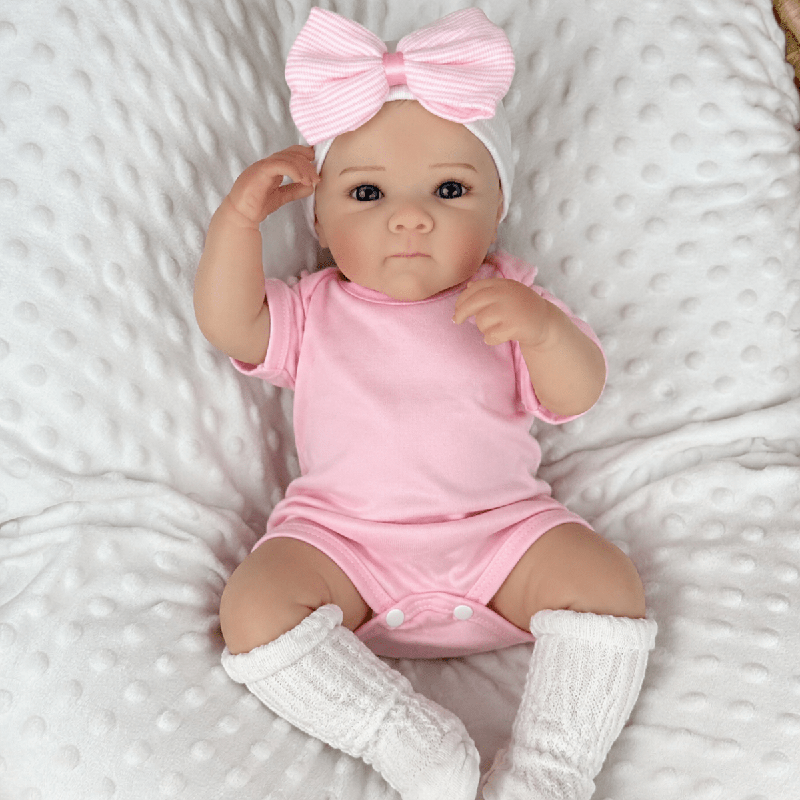 Bambola reborn Bettie da 18 pollici con occhi azzurri realistici bambina con body rosa