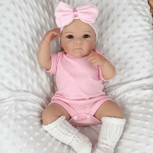 Bambola reborn Bettie da 18 pollici con occhi azzurri realistici bambina con body rosa