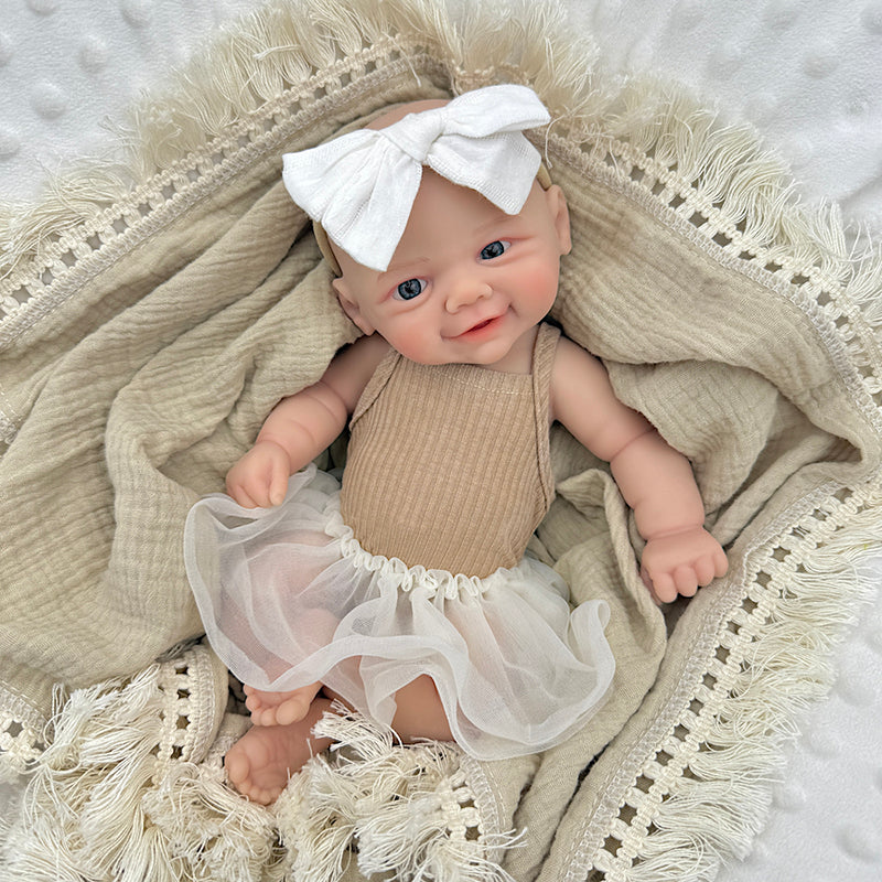 Bambola reborn Vivienne da 30 cm in morbido silicone con vestito color caffè