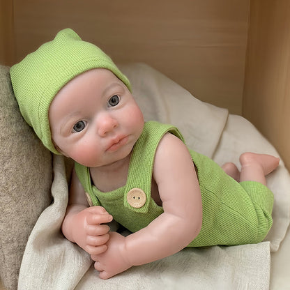 Bambola Reborn femmina Loulou in silicone (corpo intero) da 18 pollici (occhi aperti) con completino verde
