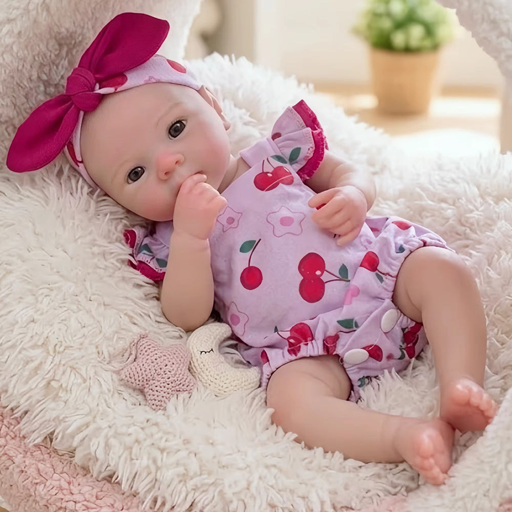 Bambola reborn Bettie in silicone da 30 cm con tutina a tema ciliegie