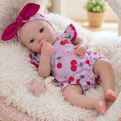Bambola reborn Bettie in silicone da 30 cm con tutina a tema ciliegie