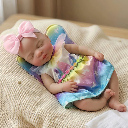 Bambina reborn in silicone di 30 cm realistica con occhi chiusi Luna vestita da unicorno
