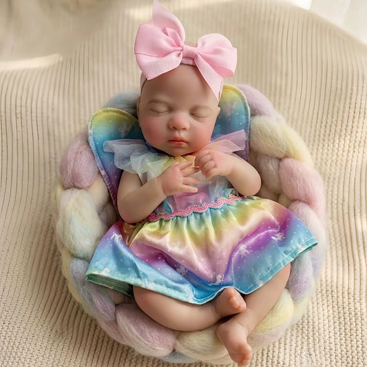 Bambina reborn in silicone di 30 cm realistica con occhi chiusi Luna vestita da unicorno